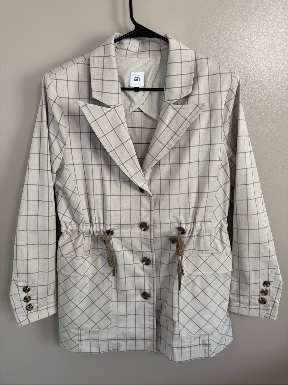 CAbi Windowpane Jacket 6026 Beige Cinched Drawstring Waist Neutral Women’s L